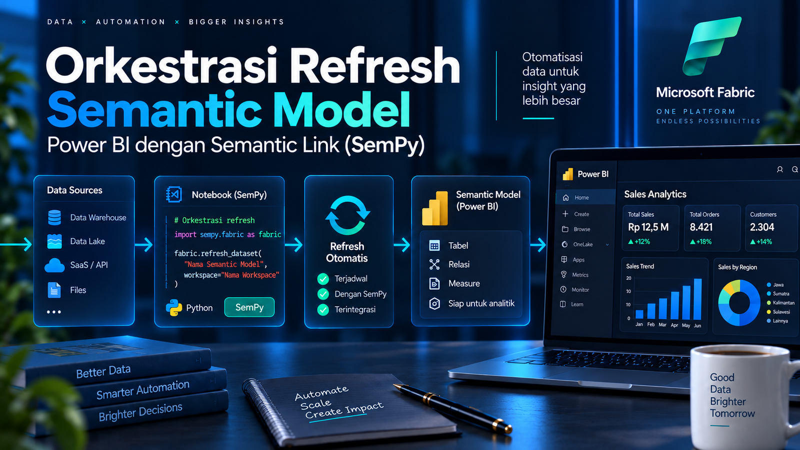 Diagram orkestrasi refresh semantic model Power BI dengan Semantic Link SemPy di Microsoft Fabric
